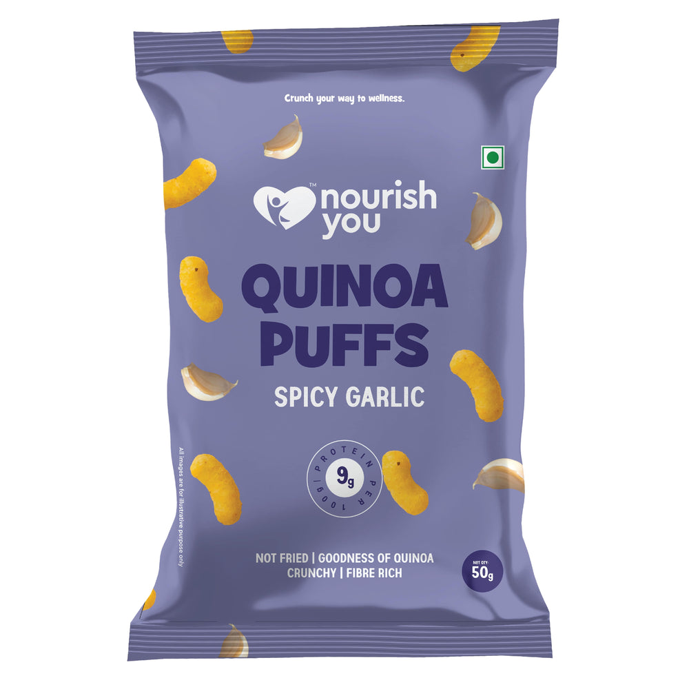 Nourish You Quinoa Puffs, Spicy Garlic flavour 50g - Healthy Baked Snacks. | Pack of 3 - EarthBased