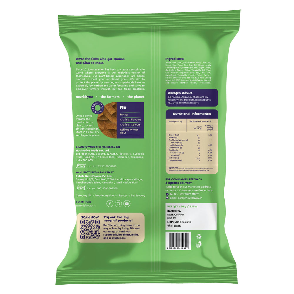 Nourish You Jowar Bites, Onion Masala 60g - Healthy Baked Snacks - Gluten free. | Pack of 3 - EarthBased