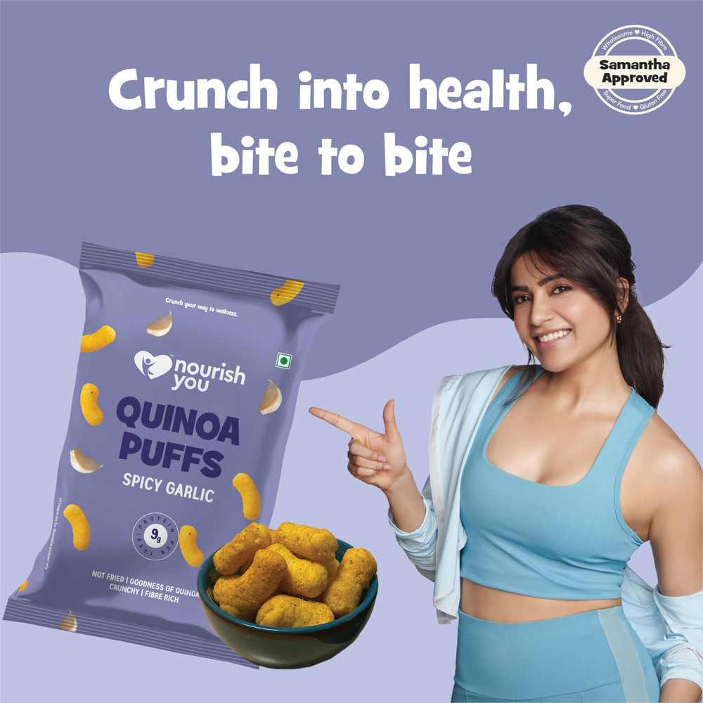 Nourish You Quinoa Puffs, Spicy Garlic flavour 50g - Healthy Baked Snacks. | Pack of 3 - EarthBased