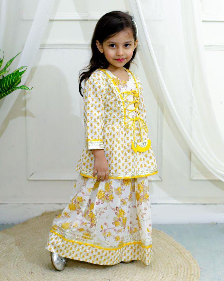 Kid’s Girls Pure Cotton Jaipur Block Printed Indian Ethnic Festive Party Wear Peplum Dori Suit Sets | Yellow - EarthBased