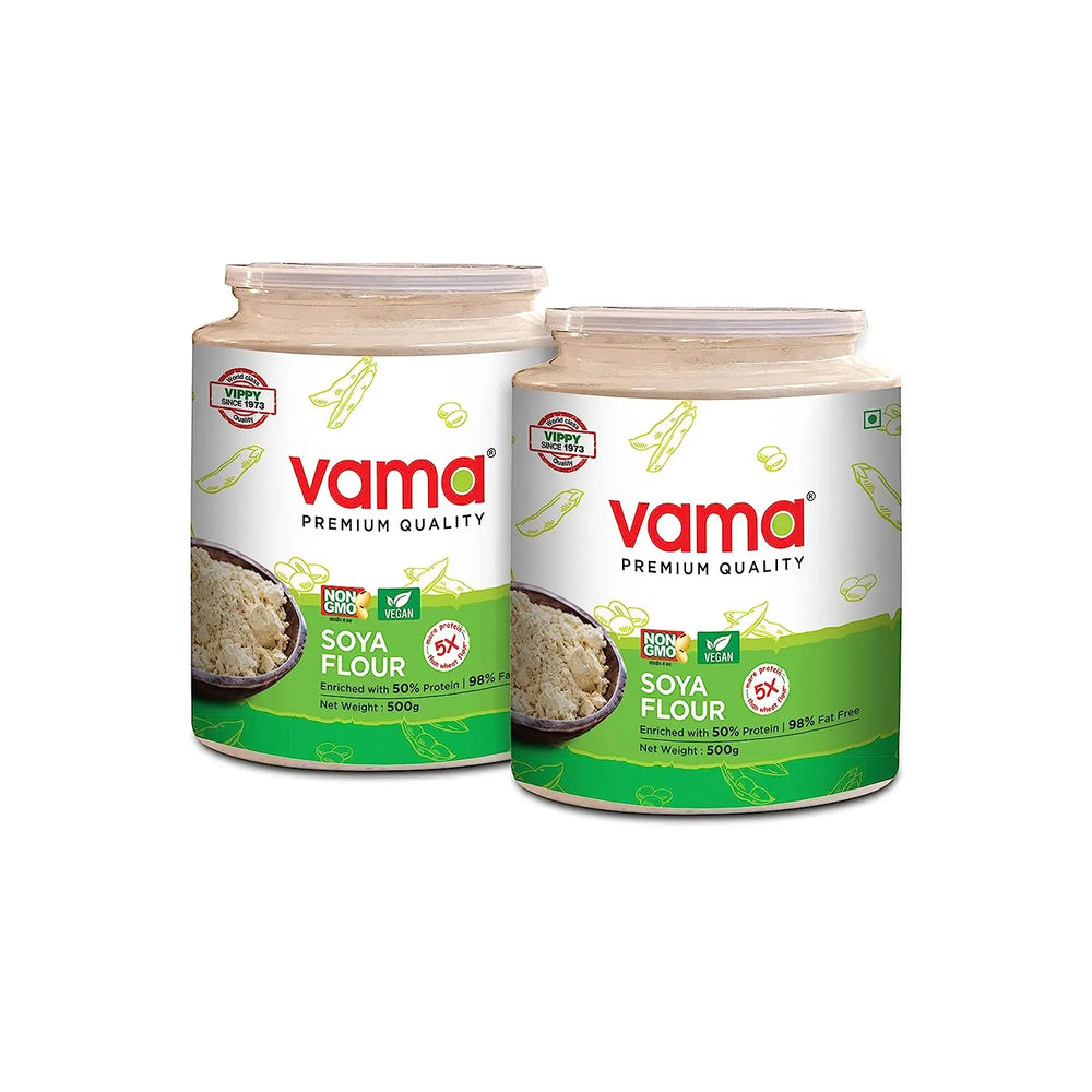 Vama SOYA Flour | 98% Fat-Free | Vegan | Gluten-Free | Pack of 2 500 g Each | Healthy Products - EarthBased