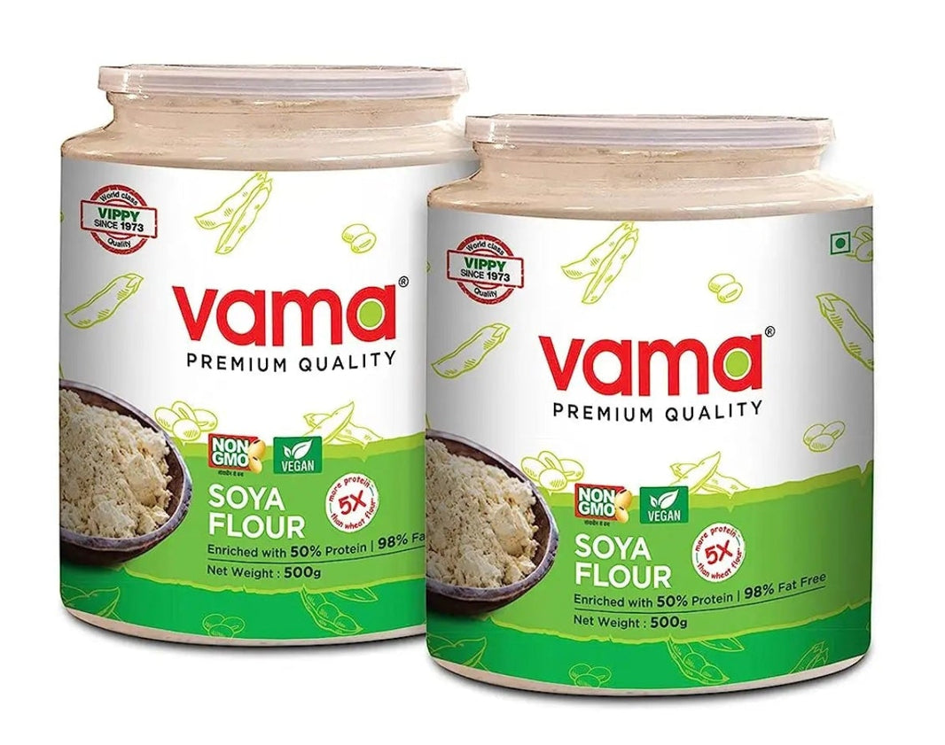 Vama SOYA Flour | 98% Fat-Free | Vegan | Gluten-Free | Pack of 2 500 g Each | Healthy Products - EarthBased