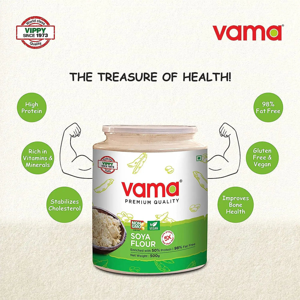 Vama SOYA Flour | 98% Fat-Free | Vegan | Gluten-Free | Pack of 2 500 g Each | Healthy Products - EarthBased