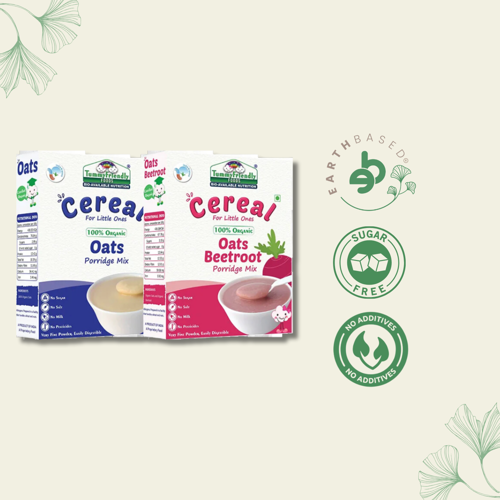 TummyFriendly Foods Certified 100% Organic Oats and Organic Oats, Beetroot Porridge Mixes , Organic Baby Food for 6 Months Old , Rich in Beta-Glucan, Protein & Fibre , 200g Each, 2 Packs Cereal (400 g, Pack of 2) - EarthBased