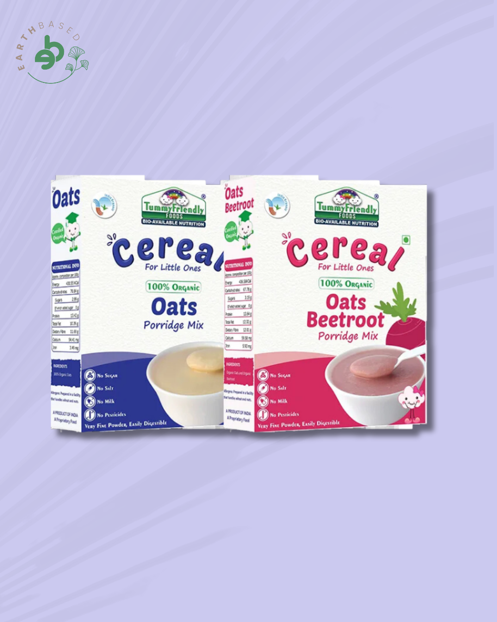 TummyFriendly Foods Certified 100% Organic Oats and Organic Oats, Beetroot Porridge Mixes , Organic Baby Food for 6 Months Old , Rich in Beta-Glucan, Protein & Fibre , 200g Each, 2 Packs Cereal (400 g, Pack of 2) - EarthBased
