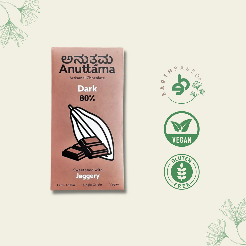 Dark Chocolate Bar | 80% Cocoa | Natural Jaggery Sweetened | Handmade Chocolate | Dark Chocolate Sugar Free | No Artificial Flavours and Colors | Natural Chocolate Bar | by Anuttama - EarthBased