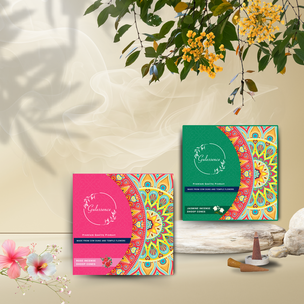 Rose & Jasmine Dhoop cones - Made from Cowdung & Temple Flowers | Pack of 4 | Gulessence - Gulessence