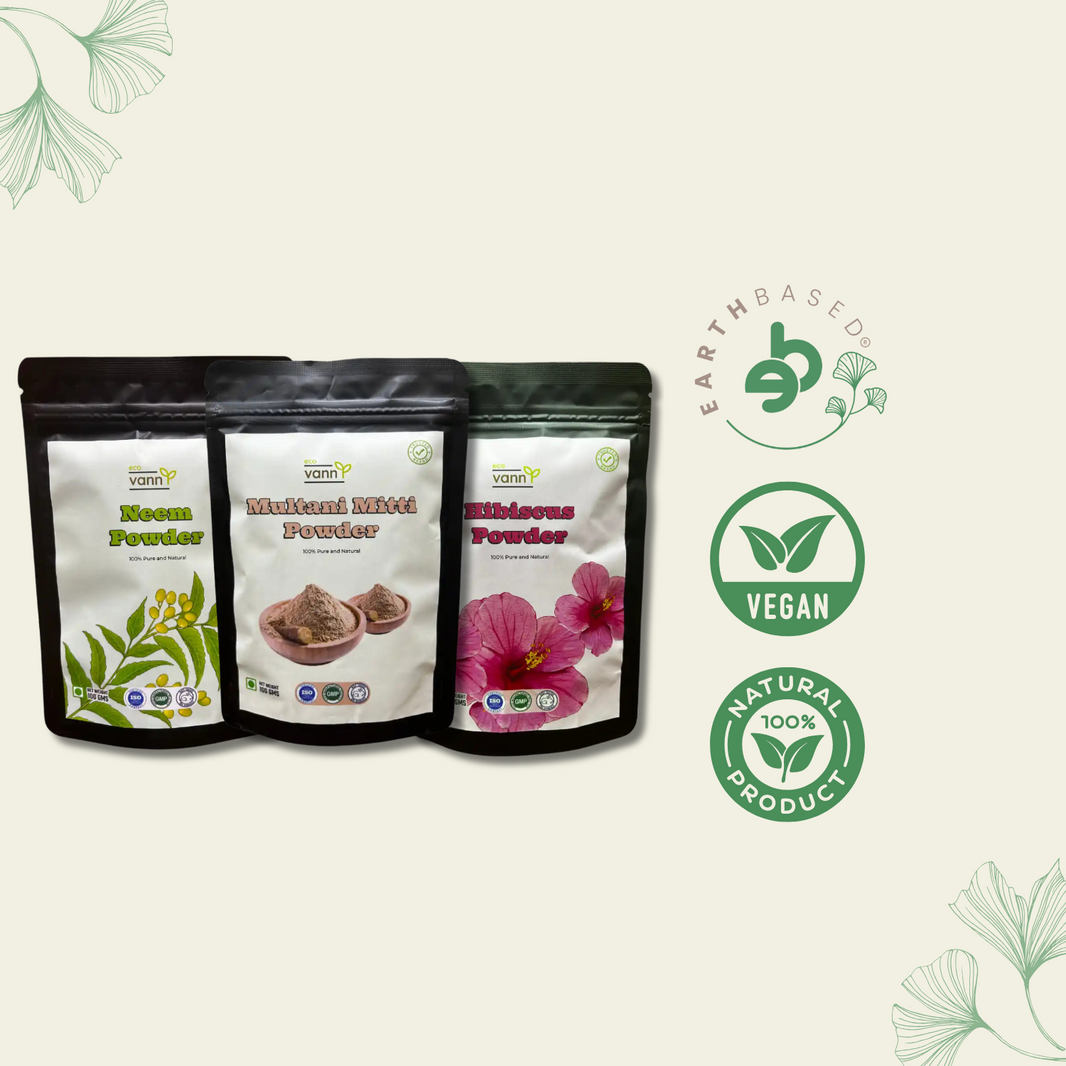 Natural Beauty Trio: Multani Mitti, Hibiscus, and Neem Leaf Powder - EarthBased