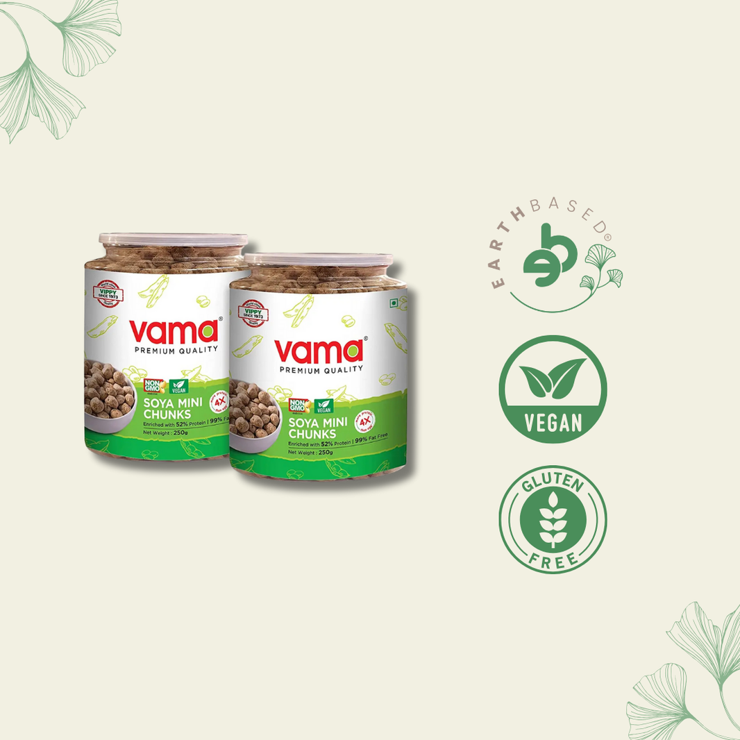 Vama SOYA Mini Chunks | 99% Fat-Free | Vegan |Gluten-Free| Pack of 2 | Healthy Products | 250 g Each - EarthBased