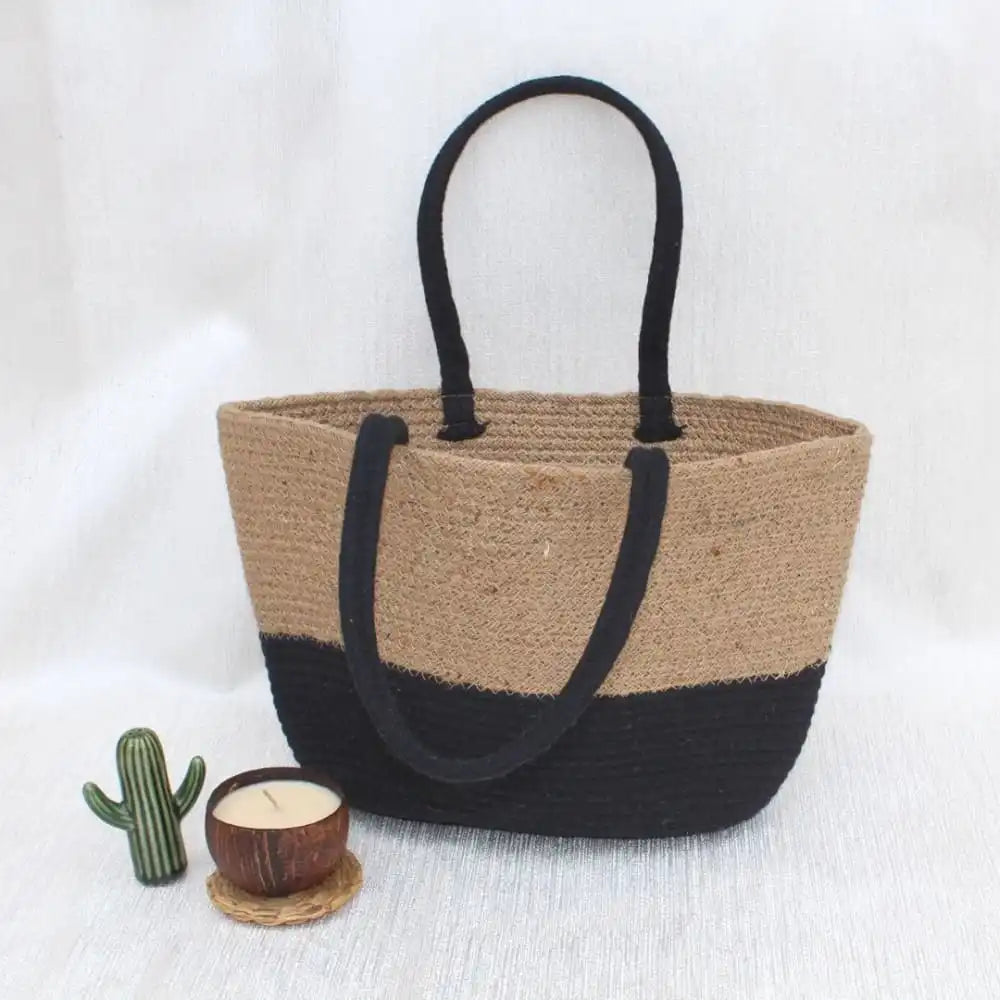 Black/Beige Jute Tote Bag - EarthBased