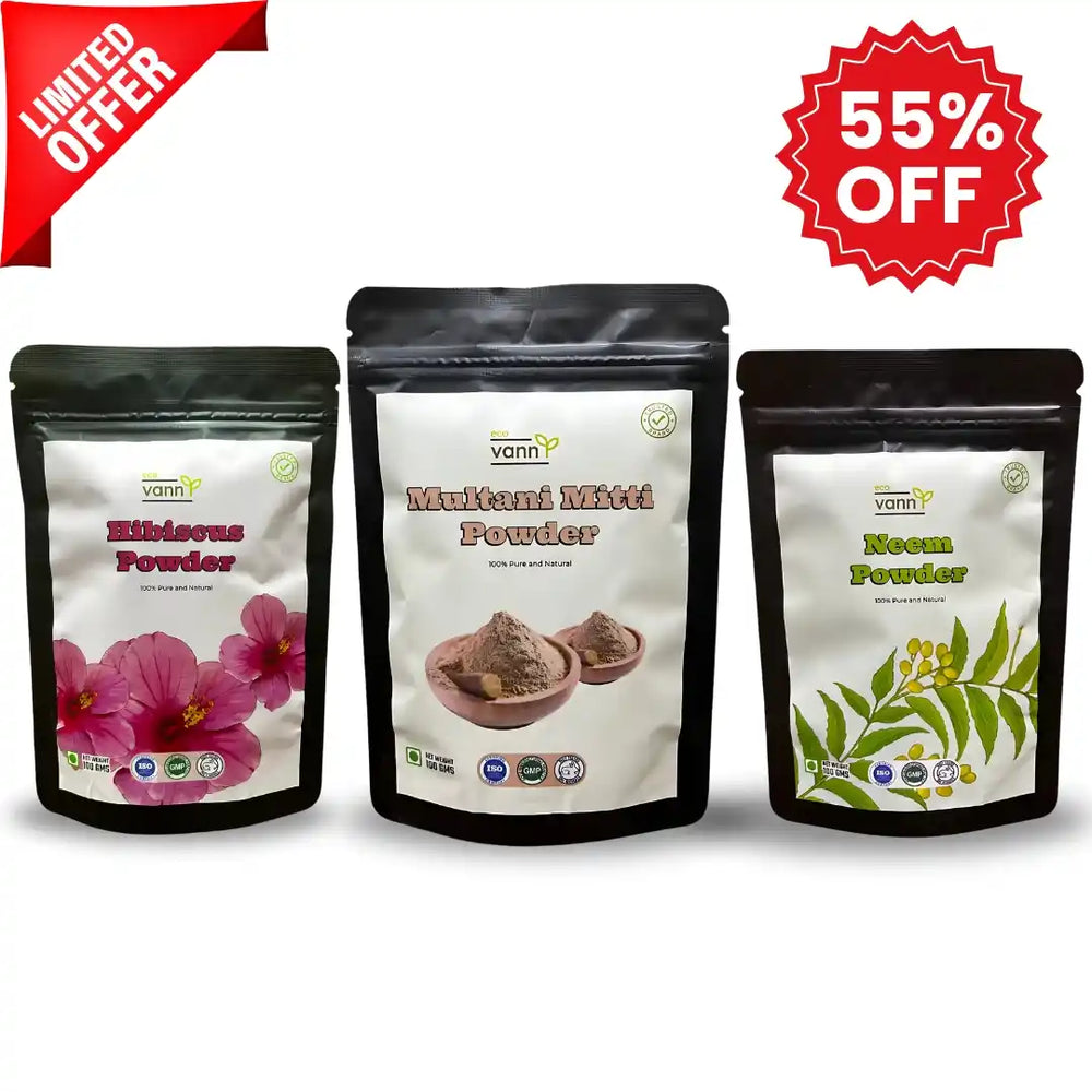 Natural Beauty Trio: Multani Mitti, Hibiscus, and Neem Leaf Powder - EarthBased