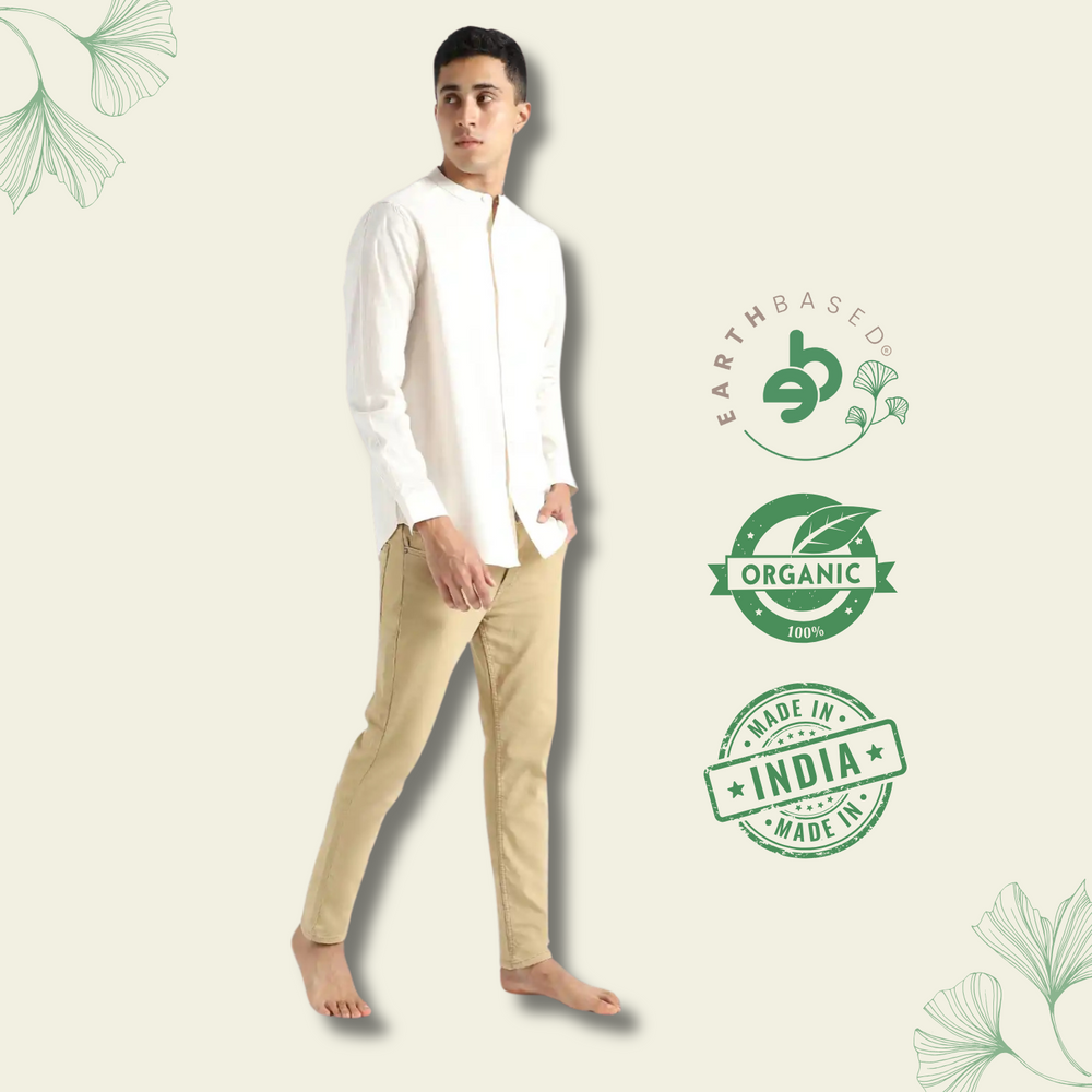 Organic Cotton & Naturally Dyed Mens Round Neck Light Cream Shirt by Livbio - EarthBased