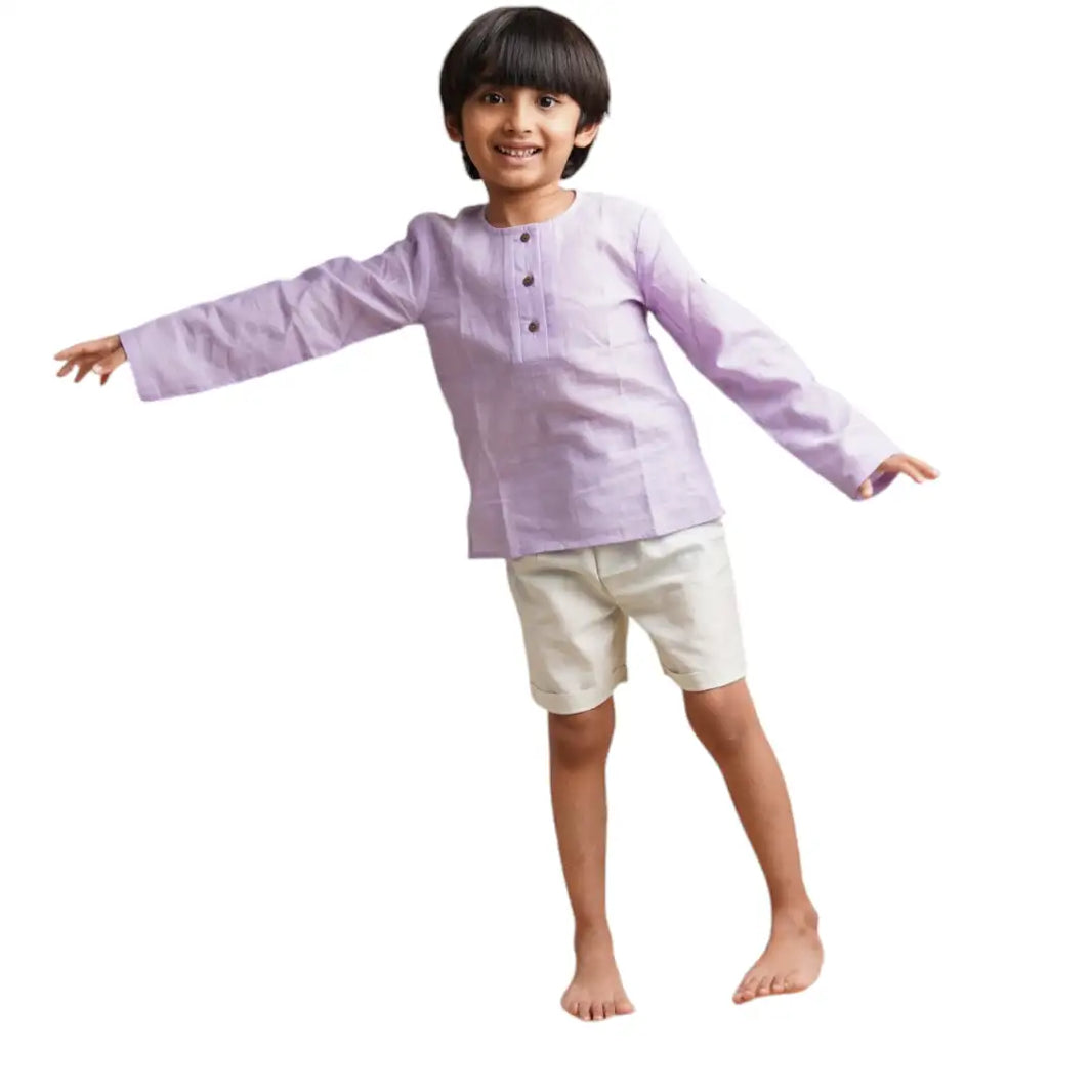 Earthy Wanderer' - Boys' Set with Full Sleeve Button-down Shirt and Shorts - EarthBased