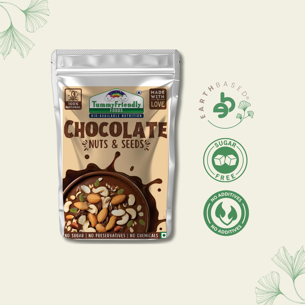 Tummy Friendly Foods Chocolate Nuts and Seeds Mix - 100g. Healthy Snacks for kids & Adults - EarthBased