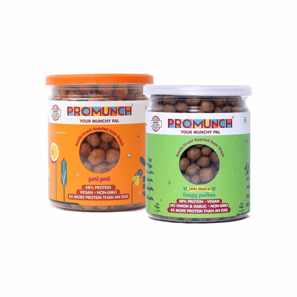 PROMUNCH Roasted Soya Snack | Vegan |Gluten-FreePack of 2 Flavour: Tangy Pudina And Peri-Peri150g - EarthBased