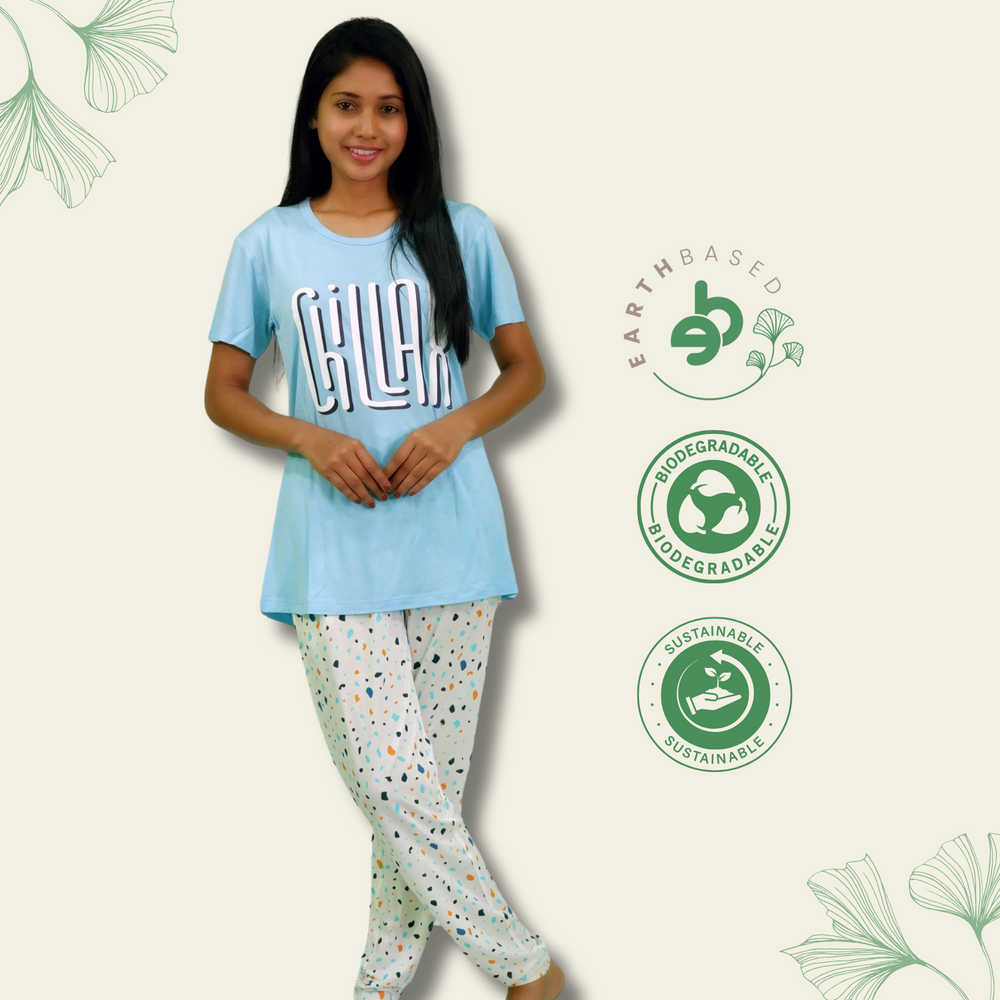 Chillax Print Air Blue T-shirt & Tofu Pant Night Dress | Playout - EarthBased
