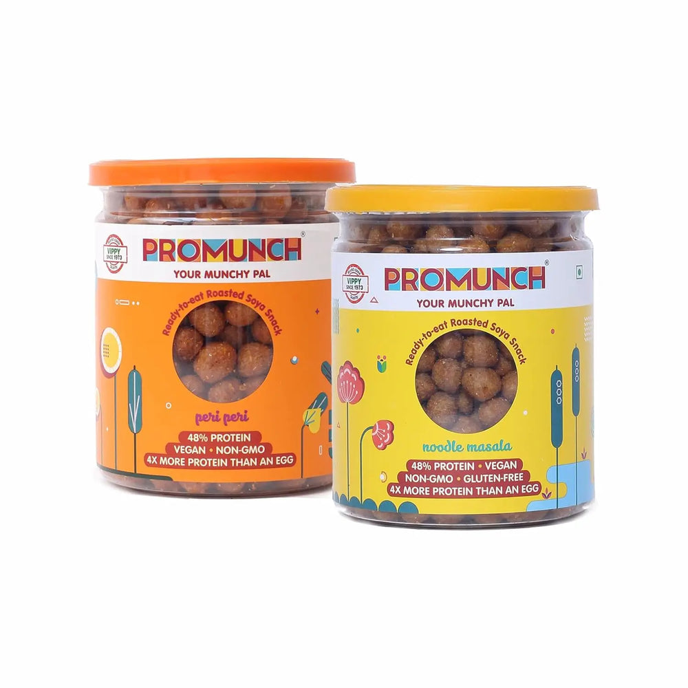 PROMUNCH SOYA Snack |Vegan|Gluten-Free | Pack of 2 Flavour: Peri-Peri and Noodle Masala - 150G Each - EarthBased