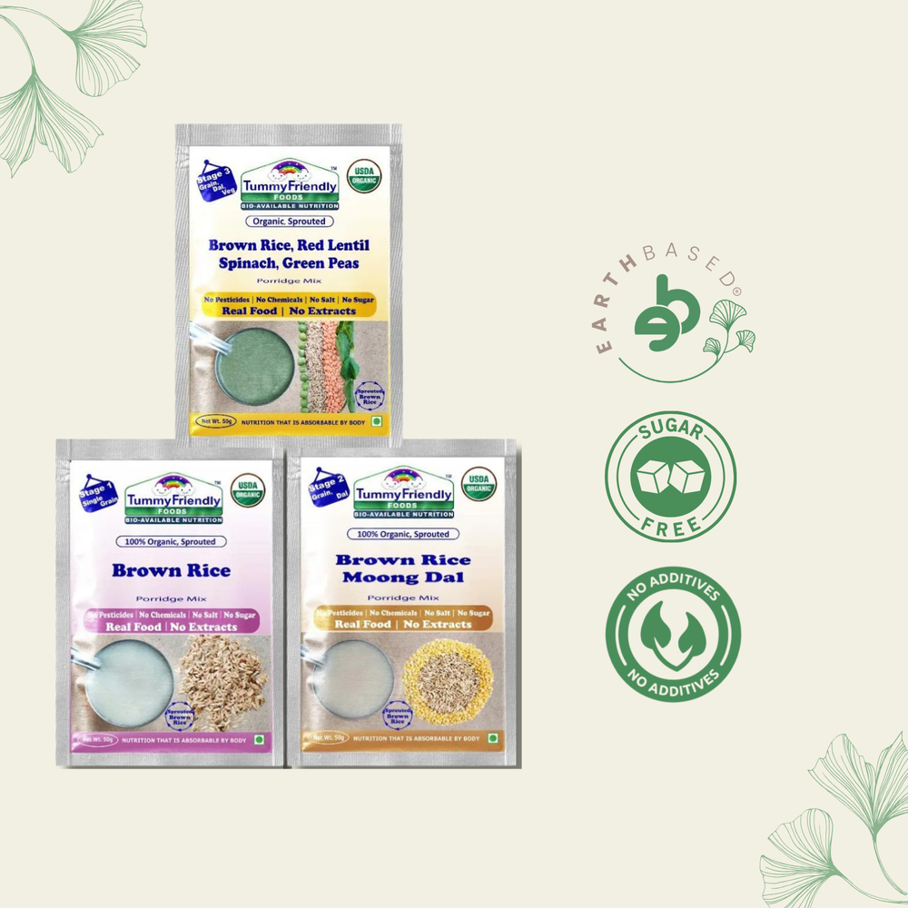 TummyFriendly Foods Certified Brown Rice Porridge Mixes - Stage1, Stage2, Stage3 | Rich in Gamma-Aminobutyric Acid (GABA), Protein |3 Packs, 50g Each Cereal (150 g, Pack of 3) - EarthBased