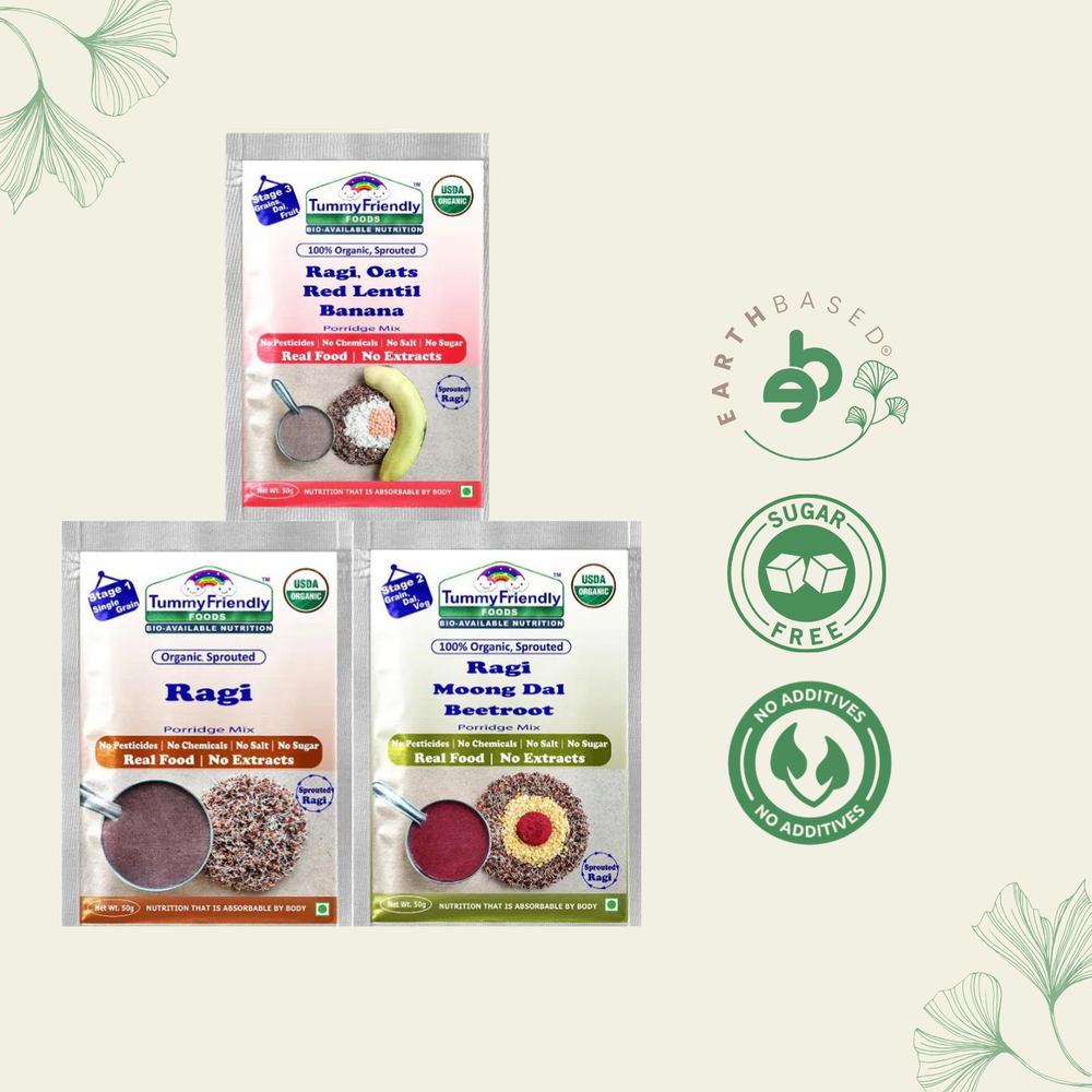 TummyFriendly Foods Certified Ragi Porridge Mixes - Stage1, Stage2, Stage3 | Rich in Calcium, Iron, Fibre & Micro-Nutrients |3 Packs, 50g Each Cereal (150 g, Pack of 3) - EarthBased