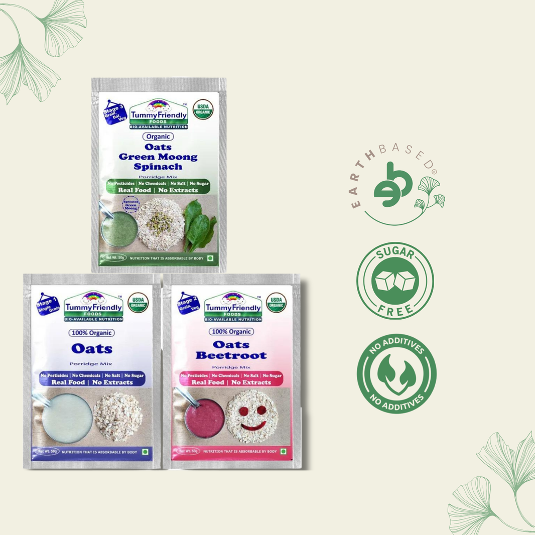 TummyFriendly Foods Certified Oats Porridge Mixes - Stage1, Stage2, Stage3 | Rich in Beta-Glucan, Protein & Fibre|3 Packs, 50g Each Cereal (150 g, Pack of 3) - EarthBased