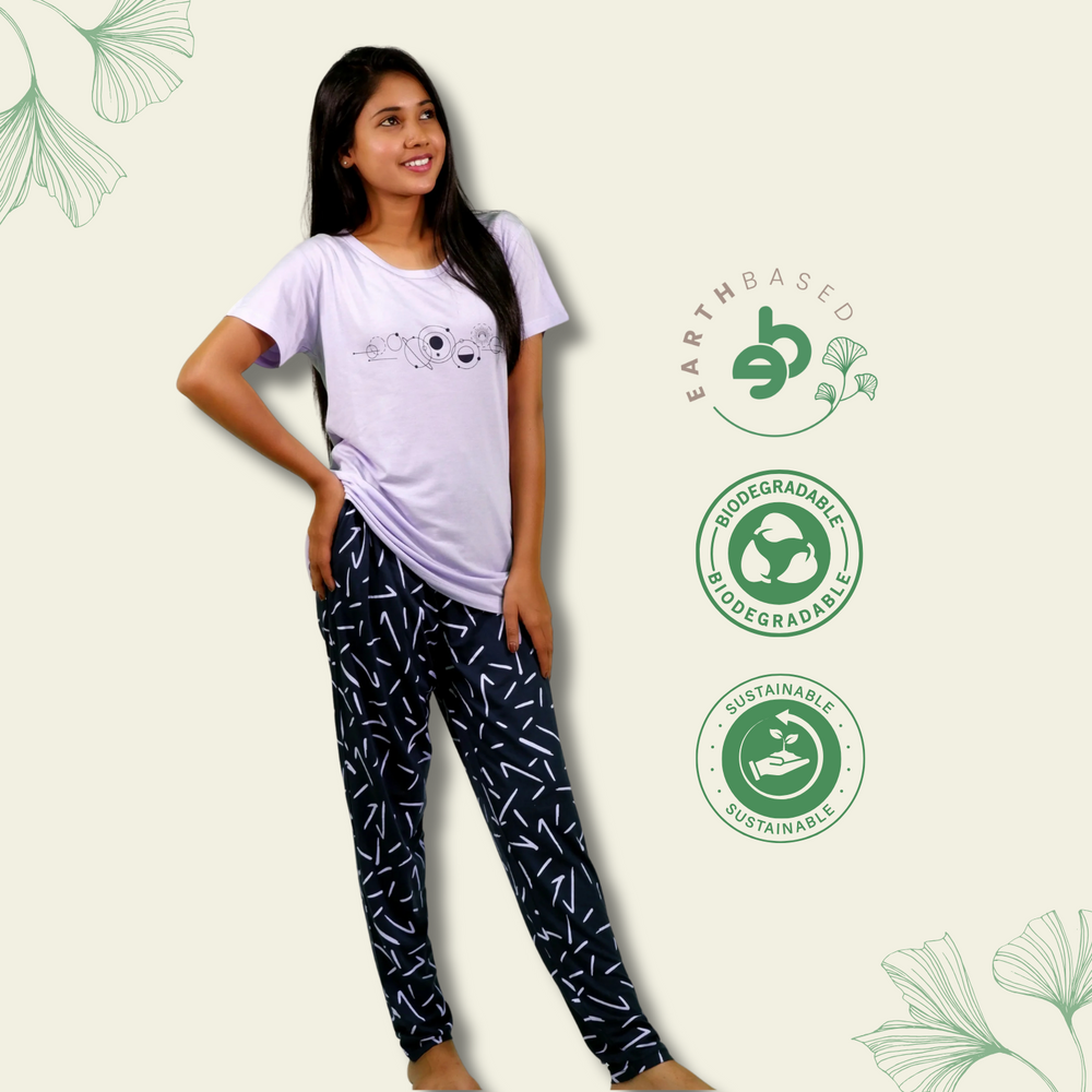 Planets Print Lilac T-shirt & Navy Pant Night Dress | Playout - EarthBased