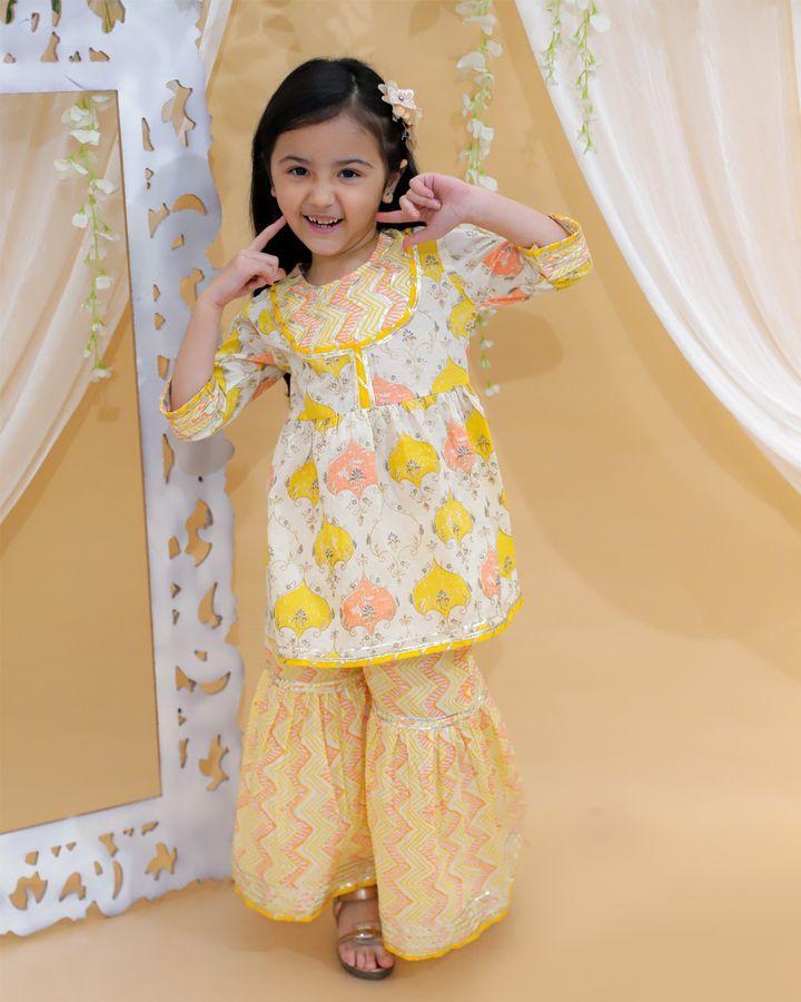 Kid’s Girls Pure Cotton Jaipur Block Printed Indian Ethnic Festive Party Wear Suit Sets | Yellow - EarthBased