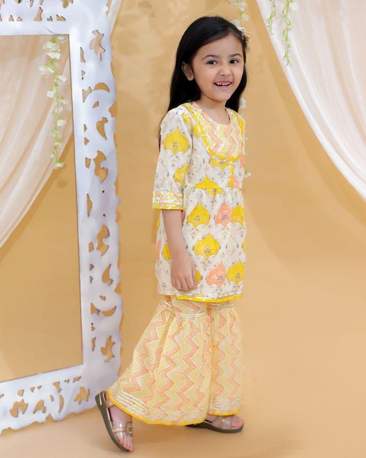 Kid’s Girls Pure Cotton Jaipur Block Printed Indian Ethnic Festive Party Wear Suit Sets | Yellow - EarthBased