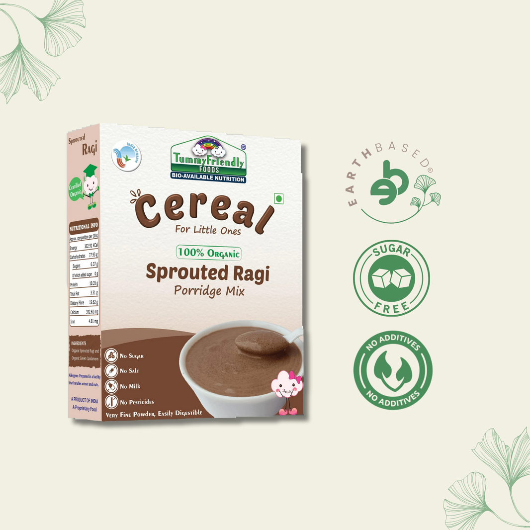 TummyFriendly Foods Certified Organic Sprouted Ragi Porridge Mix | Made of Organic Sprouted Ragi for Baby| Rich in Calcium, Iron, Fibre & Micro-Nutrients | 200g Cereal (200 g) - EarthBased