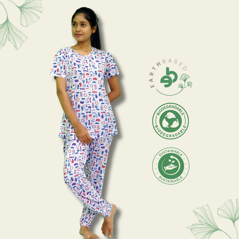 Random Objects Print T-shirt & Pant Night Dress in Pastel Lilac | Playout - EarthBased