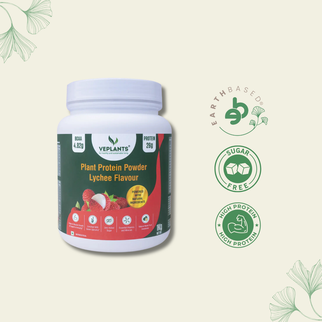 Vegan Protein Powder- 26g Pea & Brown rice Isolate, Complete Amino Acid profile, 4.82 BCAA, Monk Fruit Extract, Multivitamins and Minerals for everyday fitness & immunity, No added sugar, (Lychee, 1Kg) | Veplants . - EarthBased