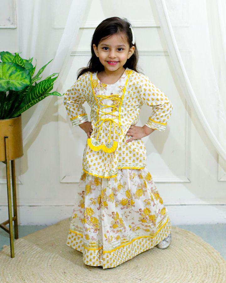 Kid’s Girls Pure Cotton Jaipur Block Printed Indian Ethnic Festive Party Wear Peplum Dori Suit Sets | Yellow - EarthBased