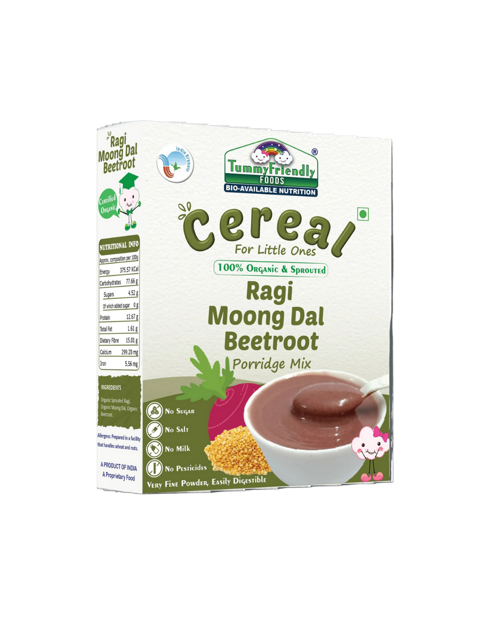 TummyFriendly Foods Certified 100% Organic Sprouted Ragi, Moong Dal, Beetroot Porridge Mix | Organic Baby Food for 6 Months Old | Made of Sprouted Ragi for Baby |Rich in Calcium, Iron, Fibre & Micro-Nutrients (200 g) - EarthBased