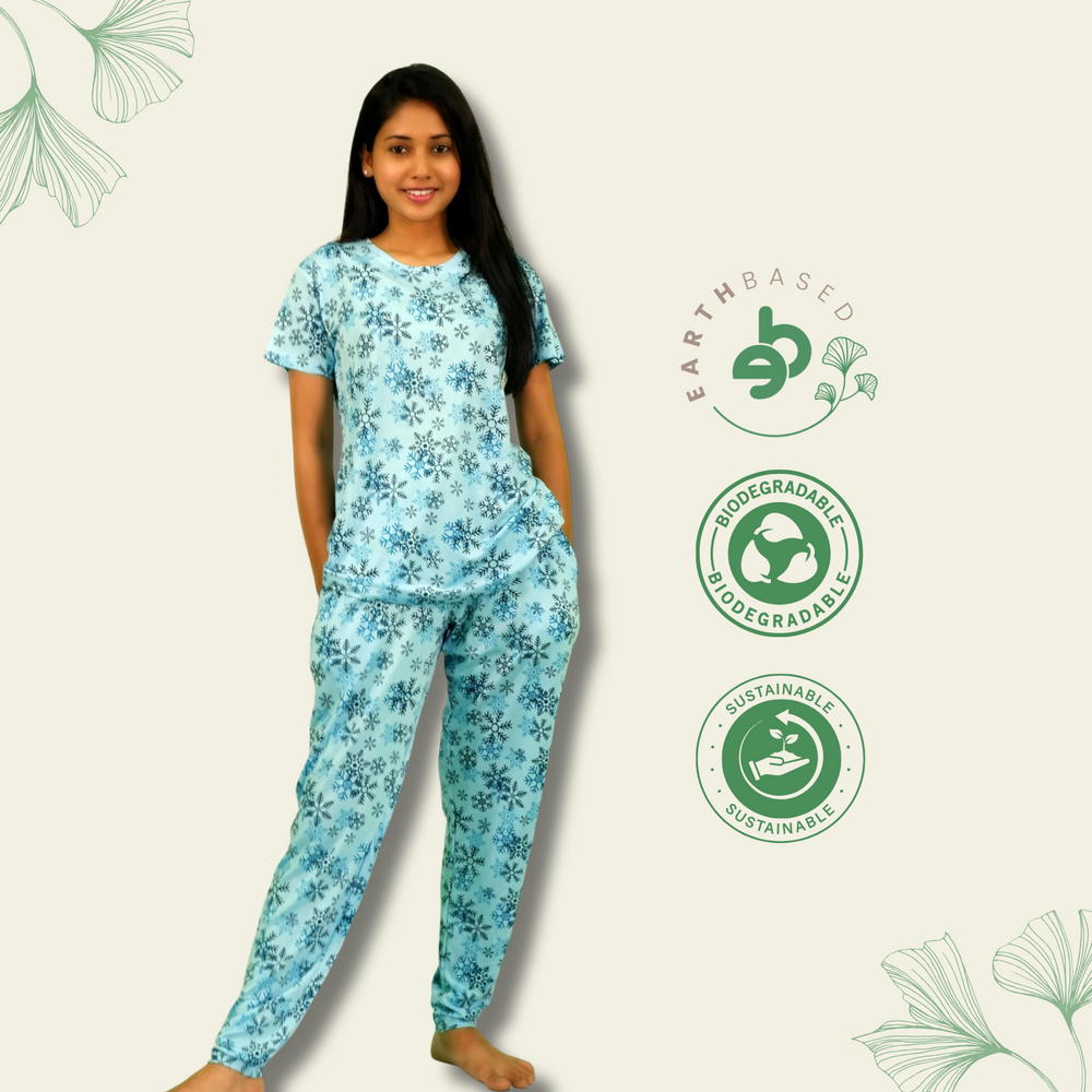 Snowflake Print T-shirt & Pant Night Dress in Air Blue | Playout - EarthBased