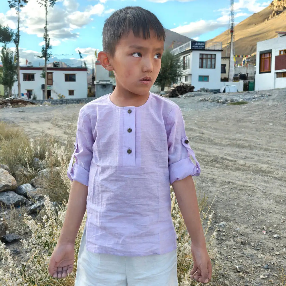 Earthy Wanderer' - Boys' Set with Full Sleeve Button-down Shirt and Shorts - EarthBased