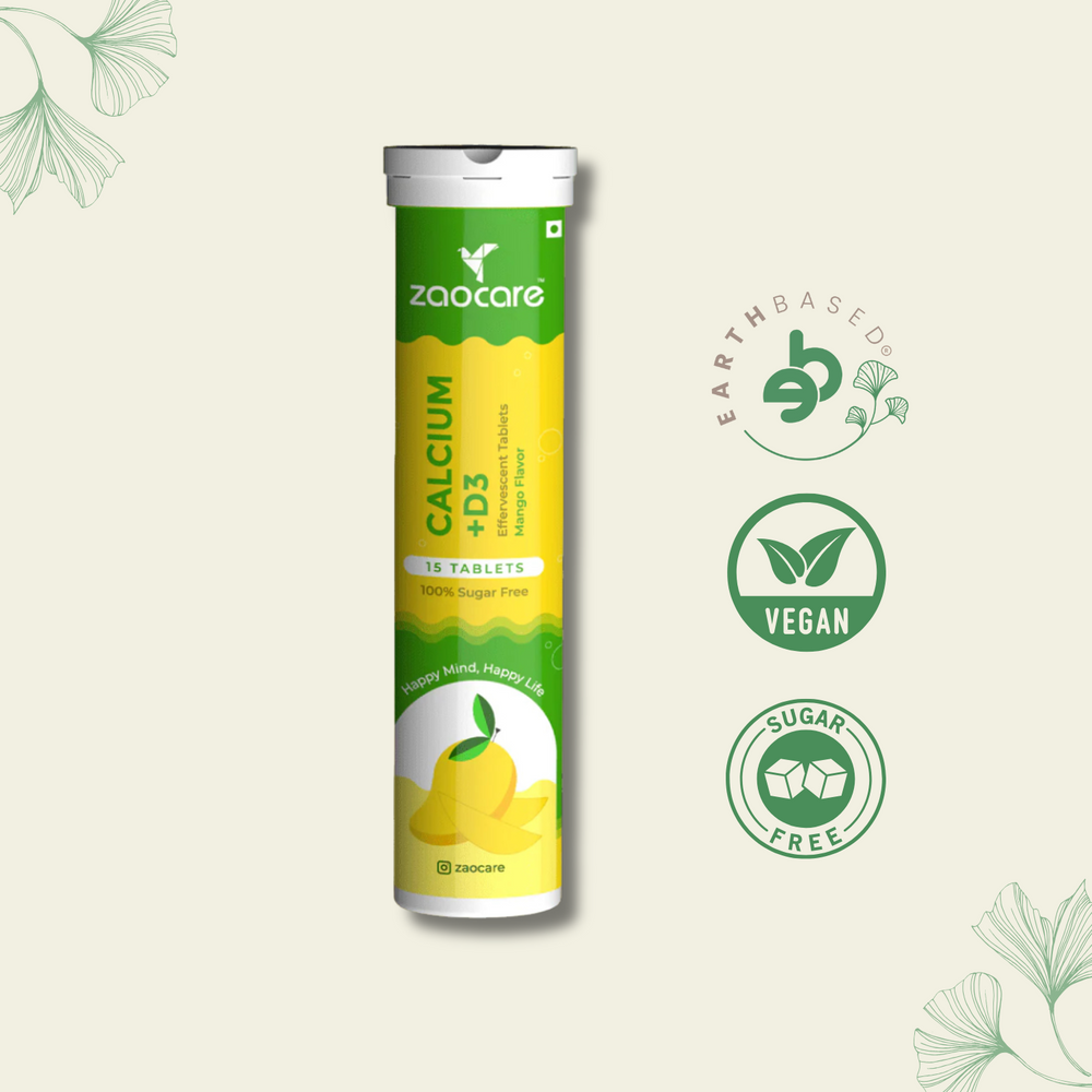 Zaocare Calcium & Vitamin D3 Effervescent Tablets | For Bone, Teeth & Muscle Health | 100% Vegan - EarthBased