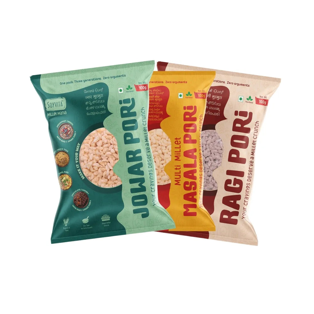 Soyvita Millet Pori Combo pack of 6 x 100g – ragi, jowar and multi millet masala pori