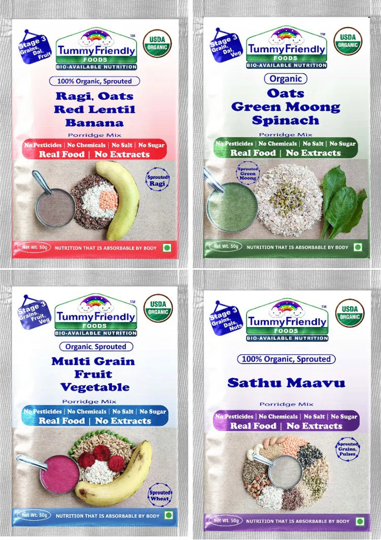 TummyFriendly Foods Certified Stage3 Porridge Mixes Trial Packs - Ragi, MultiGrain, Oats, Sathu Maavu | Organic Baby Food for 8 Months Old Baby |4 Packs, 50g Each Cereal (200 g, Pack of 4) - EarthBased