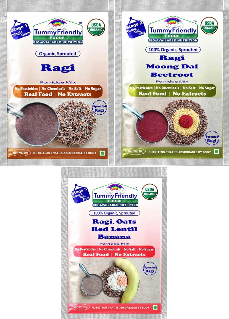 TummyFriendly Foods Certified Ragi Porridge Mixes - Stage1, Stage2, Stage3 | Rich in Calcium, Iron, Fibre & Micro-Nutrients |3 Packs, 50g Each Cereal (150 g, Pack of 3) - EarthBased