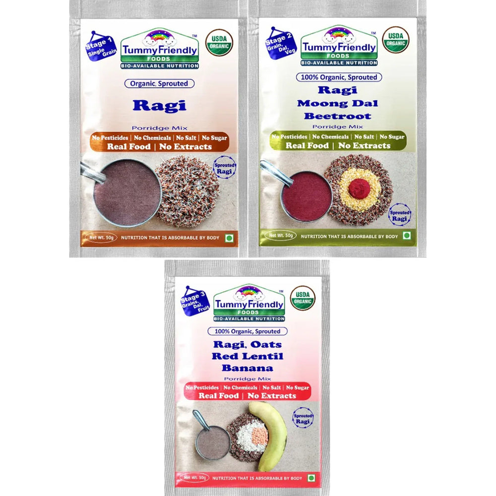 TummyFriendly Foods Certified Ragi Porridge Mixes - Stage1, Stage2, Stage3 | Rich in Calcium, Iron, Fibre & Micro-Nutrients |3 Packs, 50g Each Cereal (150 g, 2 x Pack of 3) - EarthBased