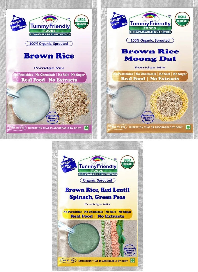 TummyFriendly Foods Certified Brown Rice Porridge Mixes - Stage1, Stage2, Stage3 | Rich in Gamma-Aminobutyric Acid (GABA), Protein |3 Packs, 50g Each Cereal (150 g, Pack of 3) - EarthBased