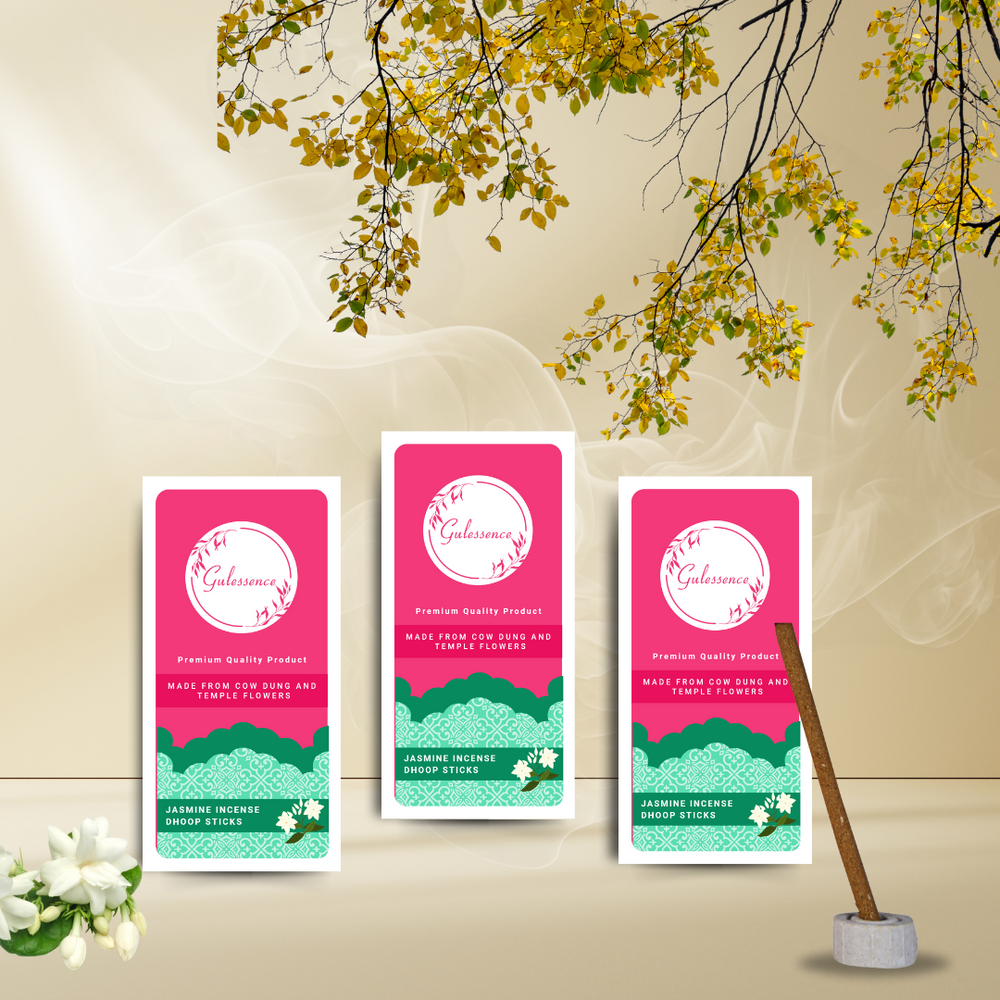 Jasmine Bamboo Less Dhoop Sticks | Made from Cow dung & Temple Flower | Gulessence - EarthBased