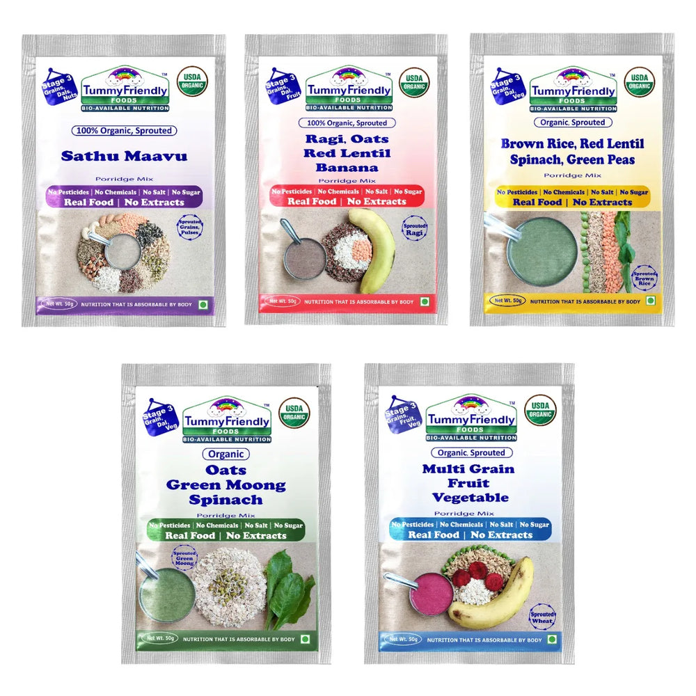 TummyFriendly Foods Certified Organic Stage3 Sprouted Porridge Mixes Trial Packs | Organic Baby Food for 8 Months Old | Sprouted Ragi, Brown Rice, Oats, Sathu Maavu, Pulses, Vegetables & Fruit | 50g Each, 5 Packs Cereal (250 g, Pack of 5, 8+ Months) - EarthBased
