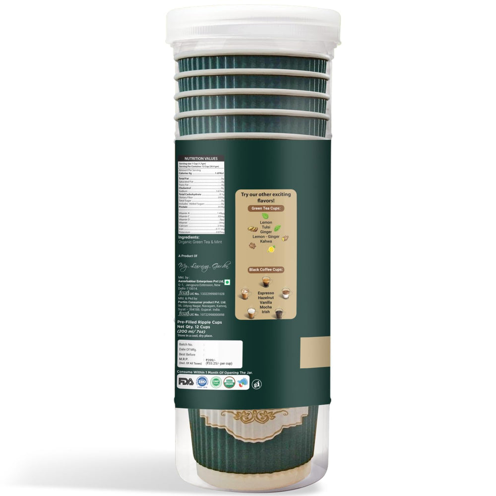 TAVASYAM Ready to Sip Mint Flavour Green Tea Cup | Green Tea for Weight Loss | Vegan, Gluten Free & Sugar Free | | Mint Flavour | Whole Leaf Teas | Pre-Filled Tea Cups 200ml | Tea Cups Set of 12 - EarthBased