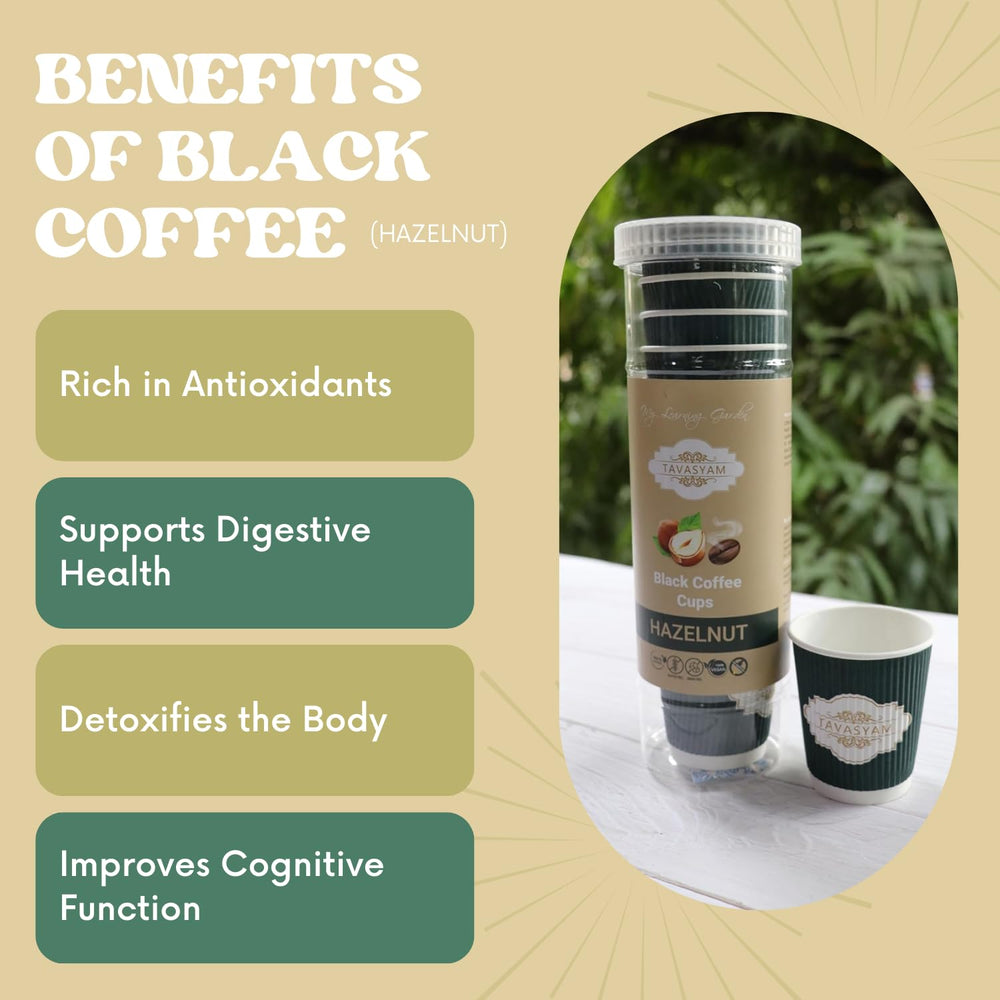 TAVASYAM Black Coffee Hazelnut Instant Coffee Powder | Hazelnut Flavored Coffee | Gluten Free & Sugar Free | No Additives | No-Drip Infusion Layer | Pre-Filled Coffee Cups 200ml | Pack of 12 Cups - EarthBased