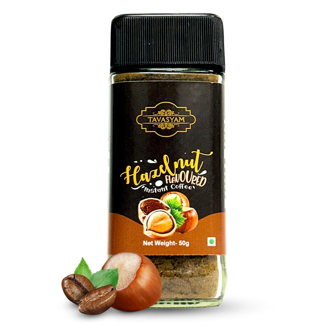 TAVASYAM Coffee Powder Jar 50gms | Hazelnut Flavour | Flavoured Coffee for both Hot & Cold Coffee | Premium Coffee | Make Espresso, Latte & Cappucino | 25 Servings approx