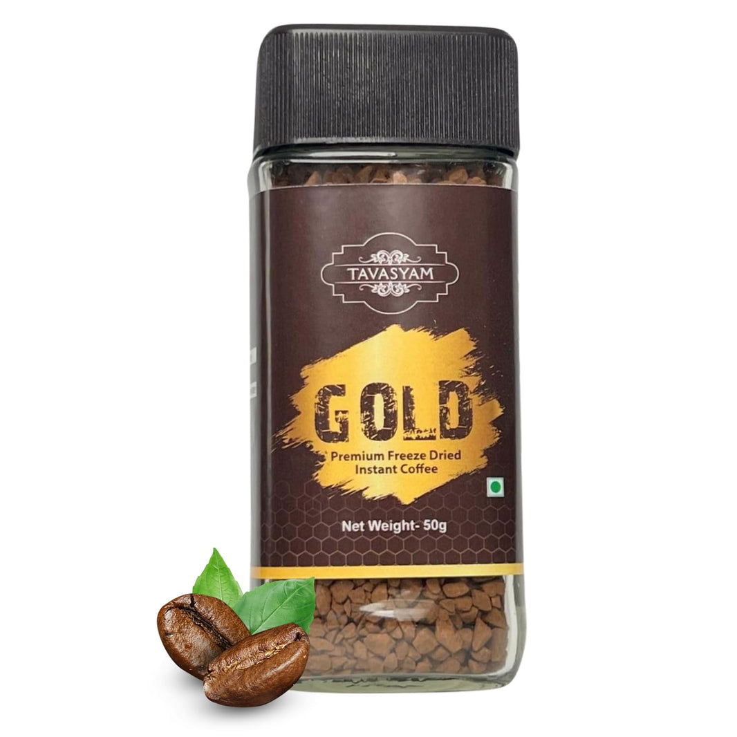 TAVASYAM Coffee | Premium Freeze Dried Instant Coffee Jar 50 gms | Coffee Powder for both Hot & Cold Coffee | 100% Pure Coffee Beans | Make Espresso, Latte & Cappuccino | Gold, 25 Servings