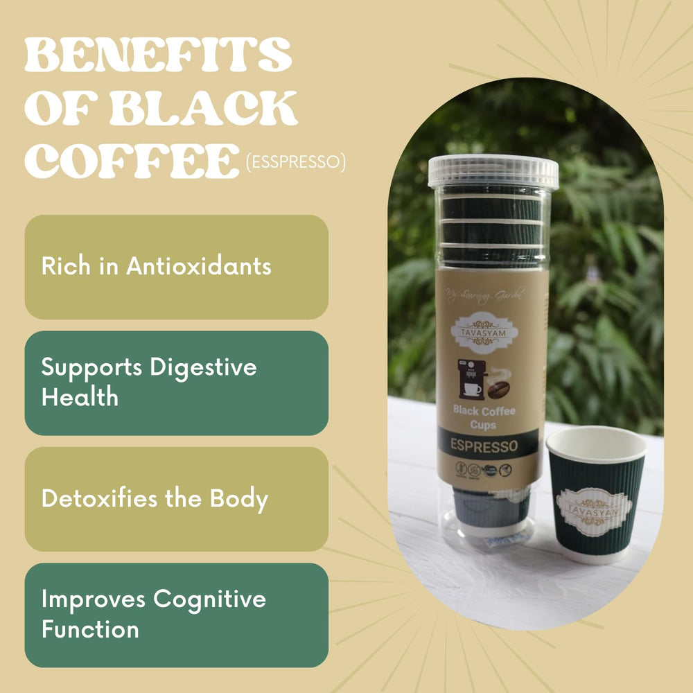 TAVASYAM Black Coffee instant coffee powder | Espresso Flavoured Coffee | Vegan, Gluten Free & Sugar Free | No Additives | No-Drip Infusion Layer | Pre-Filled Coffee Cups 200ml | Pack of 12 Cups - EarthBased