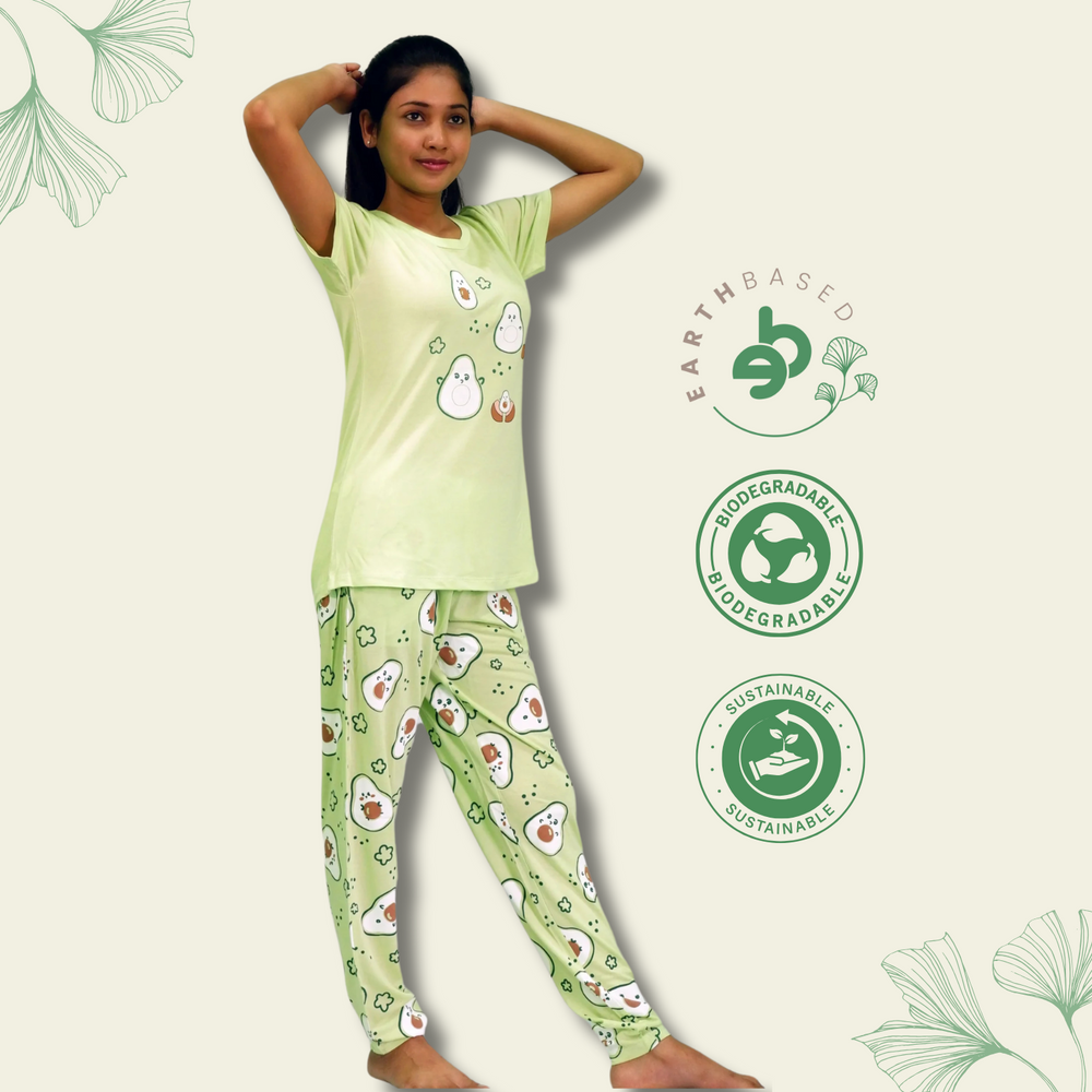 Avocado Print T-shirt & Pant Night Dress in Lettuce Green | Playout - EarthBased