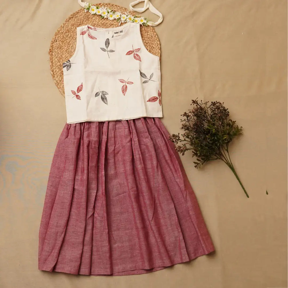 Twirl and Top' - Girls' Leaf Print Crop Top with Long Skirt - EarthBased