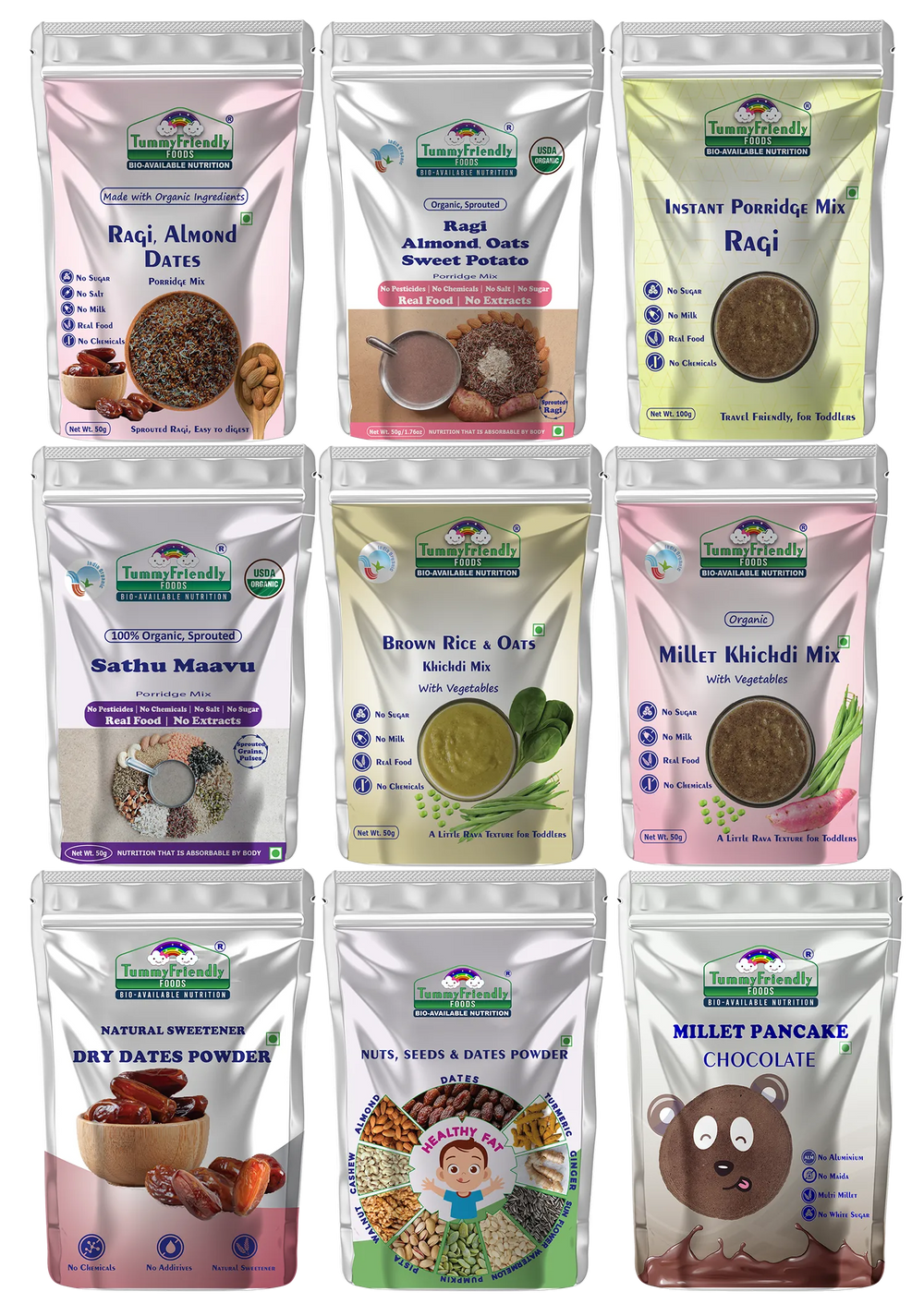 TummyFriendly Foods CertifiedOrganic Baby Food For Toddlers 1+ Year, Dry Fruits Powder for Baby Kids Cereal (500 g, Pack of 9, 12+ Months) - EarthBased